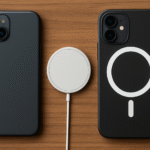 Deux coques magnétiques pour iPhone avec chargeur MagSafe sur fond en bois, comparatif visuel pour évaluer la compatibilité et la puissance d’aimant.