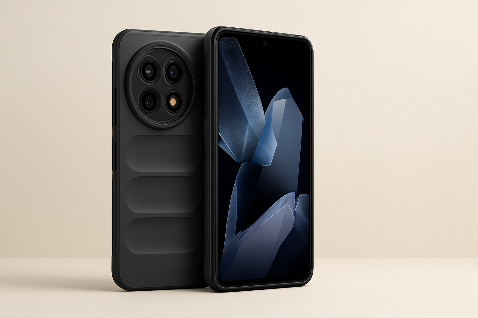 Coque noire résistante pour OnePlus 13 sur fond studio neutre, format 16:9