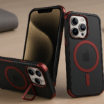 Coque iPhone 12 MagSafe noire et rouge avec support intégré, posée sur une surface en bois clair