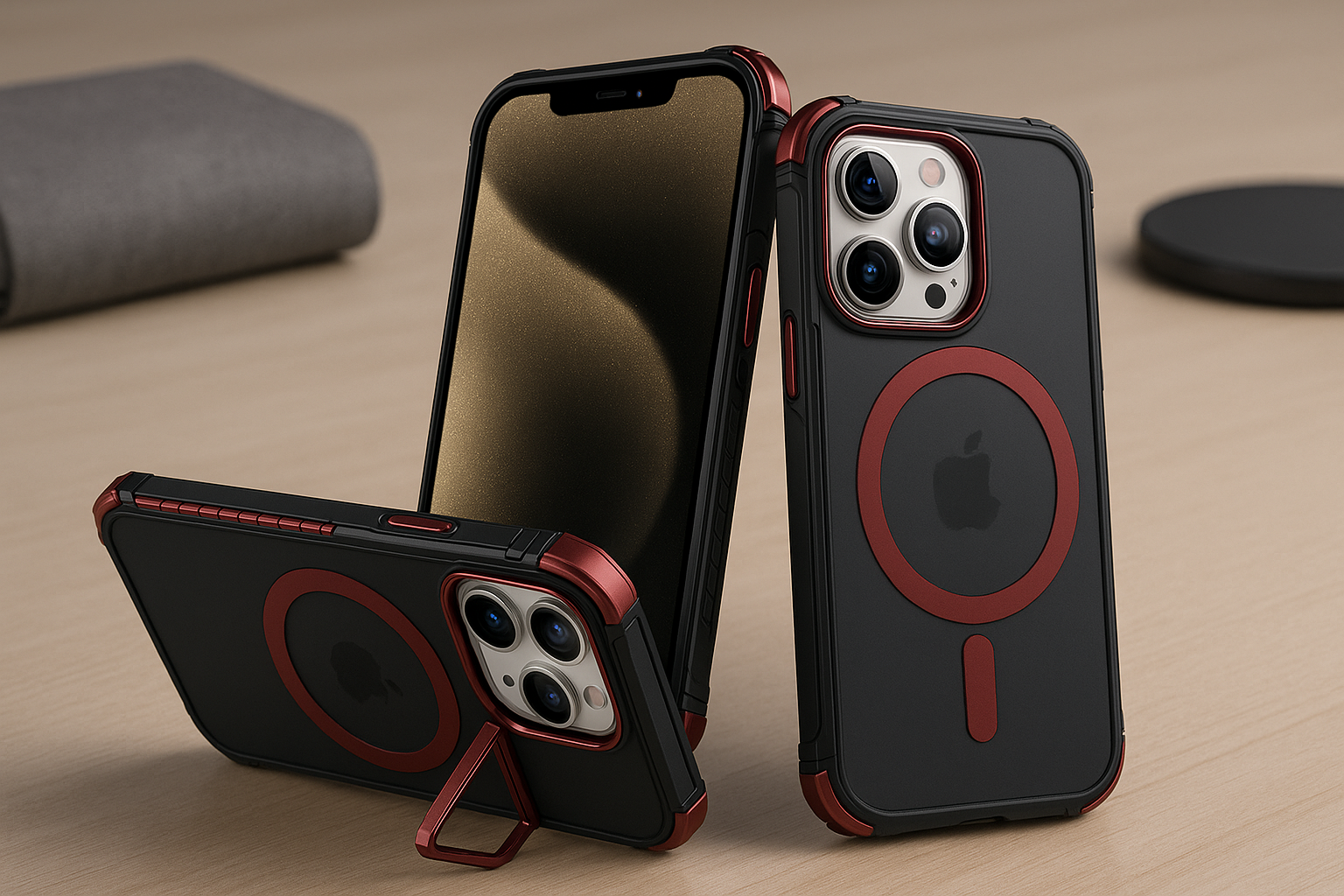Coque iPhone 12 MagSafe noire et rouge avec support intégré, posée sur une surface en bois clair