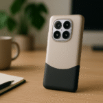 Coque bicolore Xiaomi Redmi Note 14 Pro 5G posée sur un bureau, design minimaliste pour protection élégante.