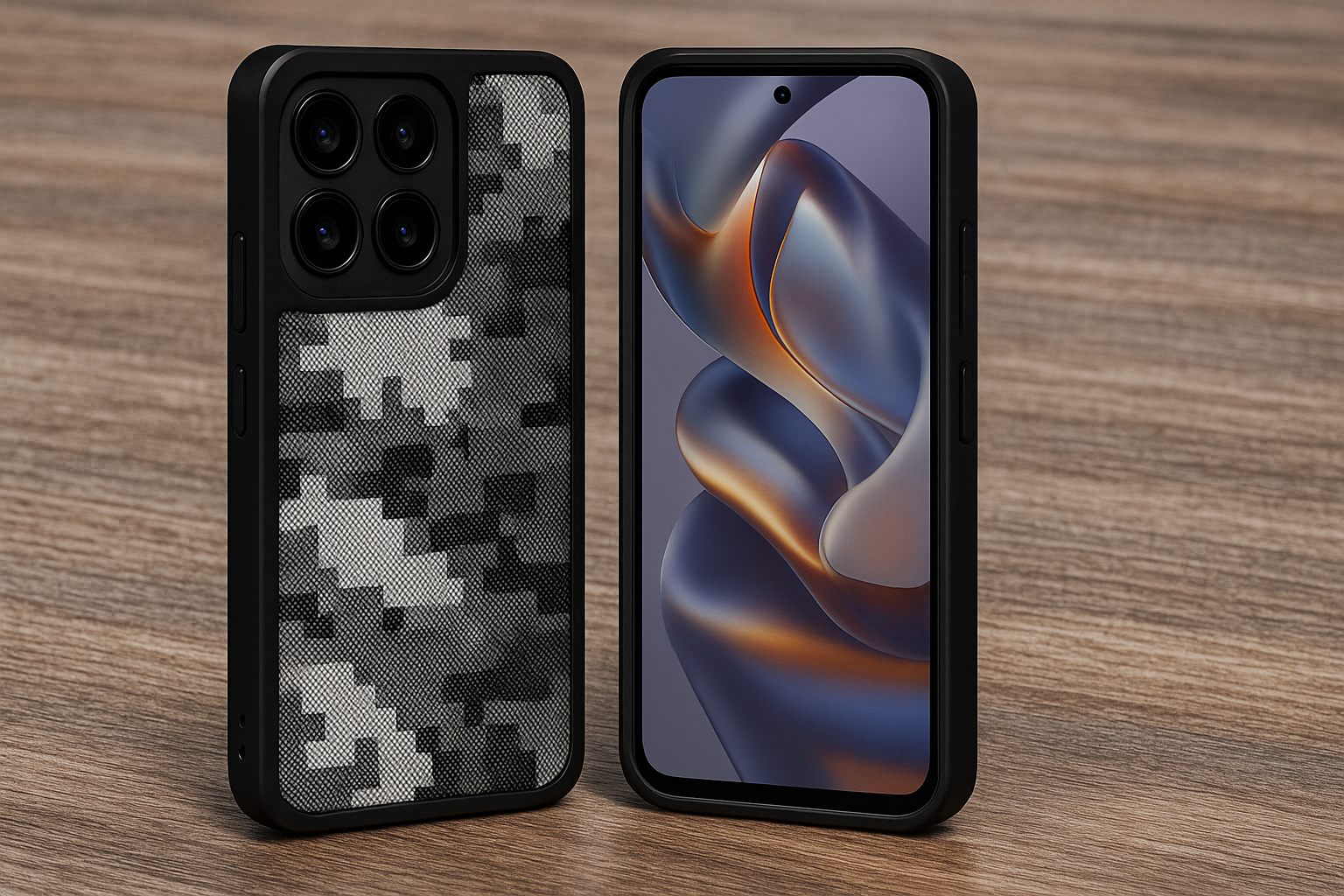 Coque camouflage noire pour Motorola Edge 50 Neo posée sur une surface en bois, vue avant et arrière du smartphone.