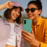 Deux amies souriantes prennent un selfie en extérieur, chacune portant une veste colorée, avec une coque de téléphone verte à l'avant-plan.