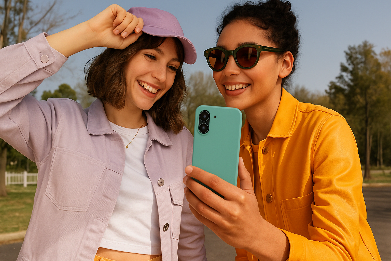 Deux amies souriantes prennent un selfie en extérieur, chacune portant une veste colorée, avec une coque de téléphone verte à l'avant-plan.