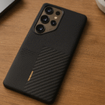 Coque carbone Galaxy S25 Ultra posée sur un ordinateur portable, photo lifestyle en environnement de travail.