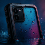Coque de smartphone étanche exposée à l’eau, mise en scène sous une lumière néon bleue et rouge, illustrant la certification IP68.