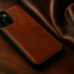 Coque de smartphone en cuir marron posée sur un tissu élégant, illustrant l'entretien et la durabilité du matériau.