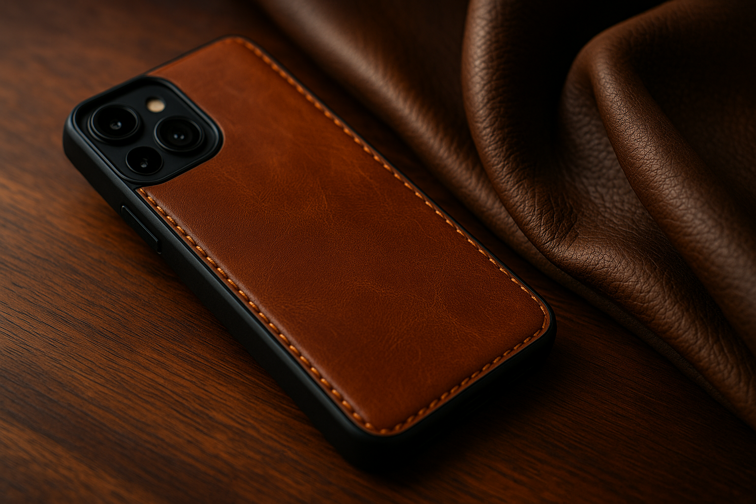 Coque de smartphone en cuir marron posée sur un tissu élégant, illustrant l'entretien et la durabilité du matériau.
