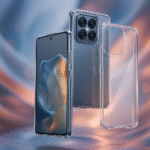 Coque transparente sur smartphone moderne en lumière chaude, illustrant le risque de jaunissement et l'importance des bons matériaux.