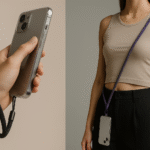 Comparaison entre une dragonne de poignet et un cordon en bandoulière pour coque de smartphone.