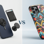 Comparaison visuelle entre coques magnétiques et coques traditionnelles pour smartphone, montrant les différences de design et d'accessoires compatibles