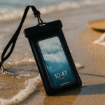 Pochette étanche noire posée sur le sable au bord de l’eau avec un smartphone à l’intérieur, idéale pour protéger son téléphone à la plage ou en randonnée.