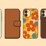 Illustration des différents styles de coques de téléphone : transparente, portefeuille, à motifs et en cuir, représentant les personnalités associées.