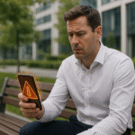 Homme d'affaires inquiet regardant son smartphone qui surchauffe en extérieur - problème coque protection téléphone