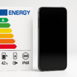 Nouvelle étiquette énergie européenne 2025 pour smartphone montrant classe énergétique autonomie résistance chutes indice protection IP réparabilité