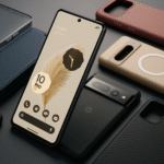 Google Pixel 10 Pro avec différents modèles de coques de protection : cuir, carbone, MagSafe et silicone en plusieurs couleurs.