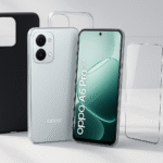 Smartphone Oppo A6 Pro 5G entouré de coques, étuis et films protecteurs, ambiance moderne