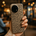 Coque Poco F7 Ultra design abstrait noir et beige tenue en main dans un café, accessoire Casewear pour protection et style.