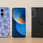 Trois coques Xiaomi 15T Casewear présentées sur une surface neutre : modèle papillon violet, housse portefeuille noire et coque transparente minimaliste.