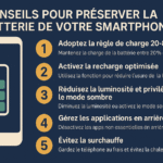 Infographie présentant 5 astuces pour prolonger l’autonomie de la batterie de son smartphone en 2025, avec conseils pratiques sur la charge, la luminosité et la gestion des applications.