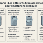 Infographie comparant les différents types de protections d’écran pour smartphone en 2025 : verre trempé, film hydrogel, film souple et nano-protection, avec avantages et inconvénients.