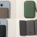 Montage de plusieurs portes-cartes pour smartphone 2025, MagSafe, RFID, cuir, trifold et zippé, sur fond épuré, illustrant un comparatif et guide d’achat pratique
