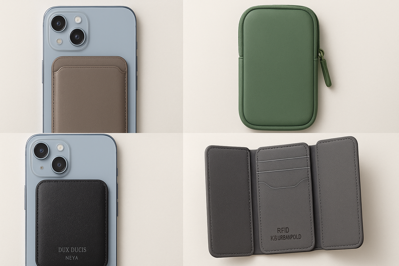 Montage de plusieurs portes-cartes pour smartphone 2025, MagSafe, RFID, cuir, trifold et zippé, sur fond épuré, illustrant un comparatif et guide d’achat pratique
