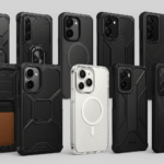 Sélection de coques de smartphones robustes et design en 2025, incluant modèles antichocs, MagSafe, transparents et en cuir, présentés sur fond gris clair.
