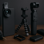 Ensemble d’accessoires pour photographie mobile en 2025, incluant smartphone, trépied, gimbal, micro, éclairage LED et power bank, sur fond studio.