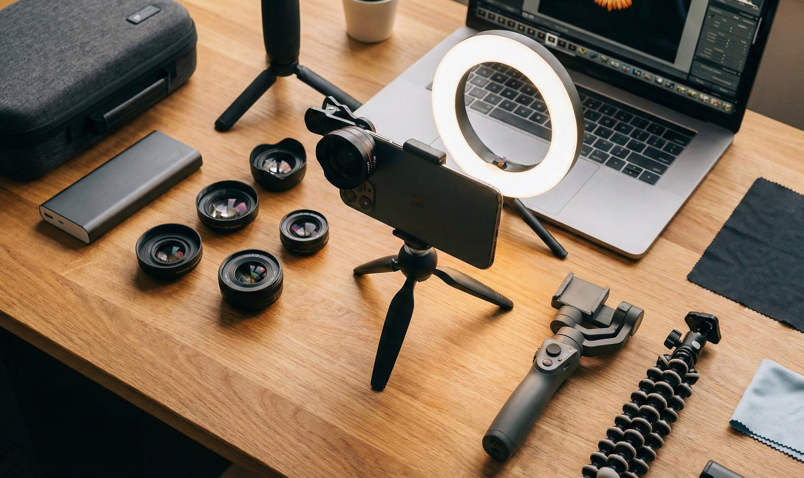 Kit complet d'accessoires photo smartphone comprenant un trépied, une ring light, des objectifs additionnels et un stabilisateur gimbal sur un bureau en bois.