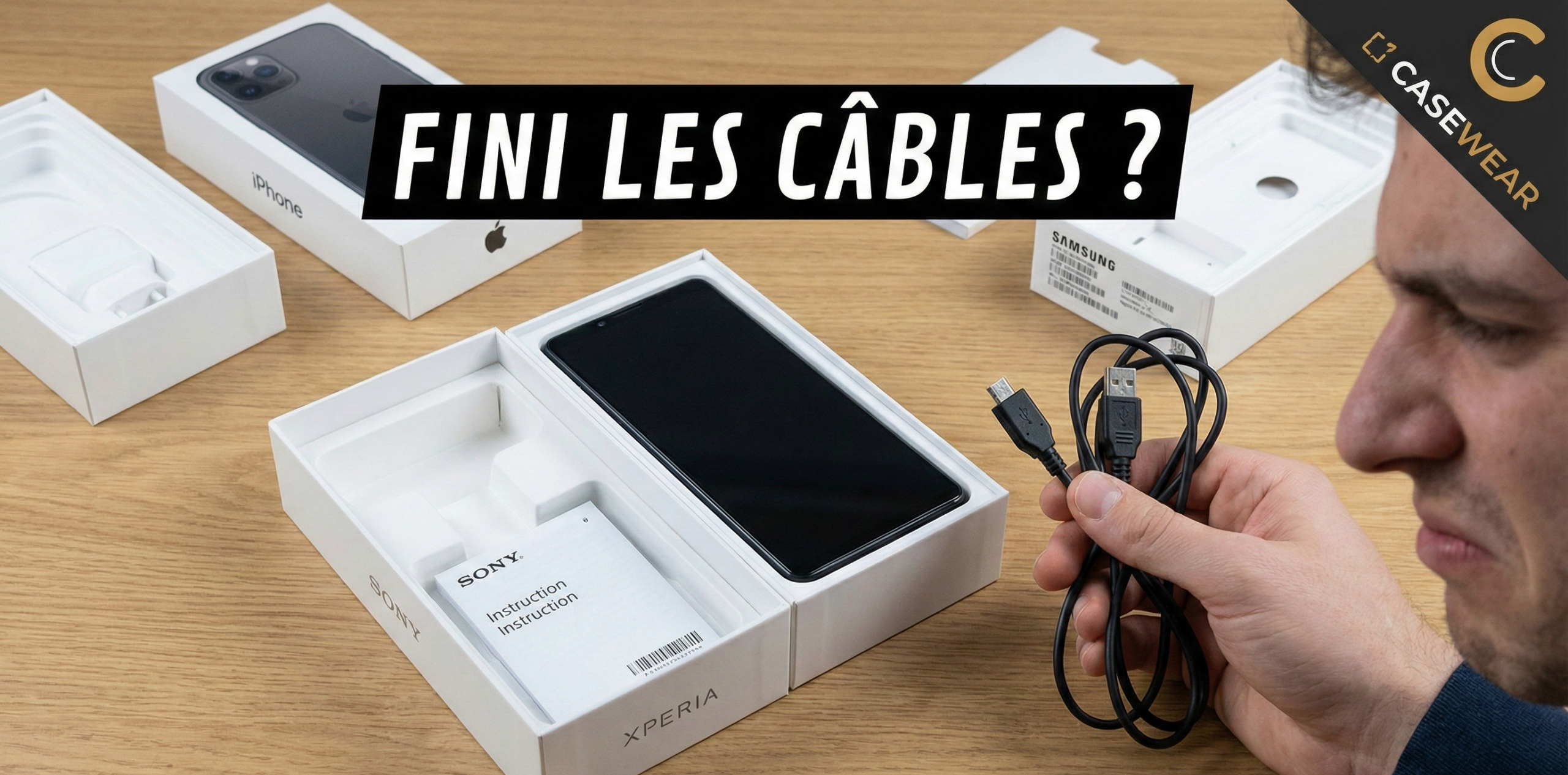 Homme déçu regardant une boîte de smartphone vendue sans câble USB ni chargeur.