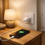 Smartphone en charge sécurisée sur table de nuit dans une chambre loin de la salle de bain