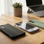 Comparatif visuel des meilleures coques smartphone 2026 : modèle antichoc noir, coque transparente et silicone vert sur un bureau.