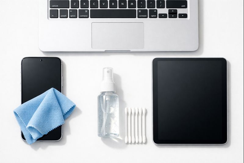 Nettoyage d'appareils électroniques avec chiffon microfibre, smartphone, tablette et ordinateur portable
