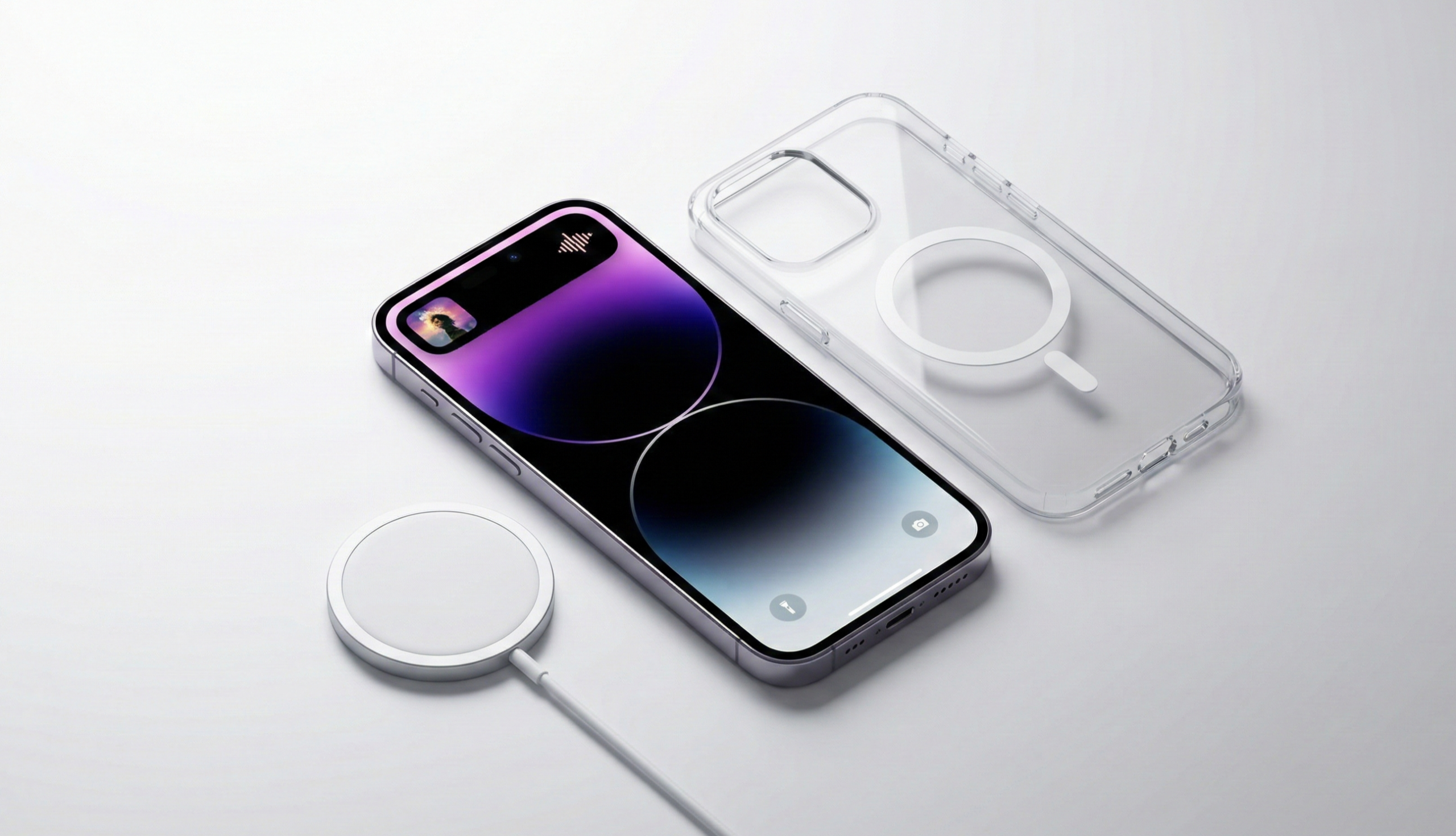 Illustration conceptuelle iPhone 17e avec chargeur MagSafe circulaire blanc sur fond minimaliste représentant les nouvelles fonctionnalités magnétiques