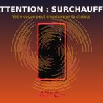 Smartphone avec coque rouge surchauffant à 47°C avec thermomètre et symbole d'avertissement