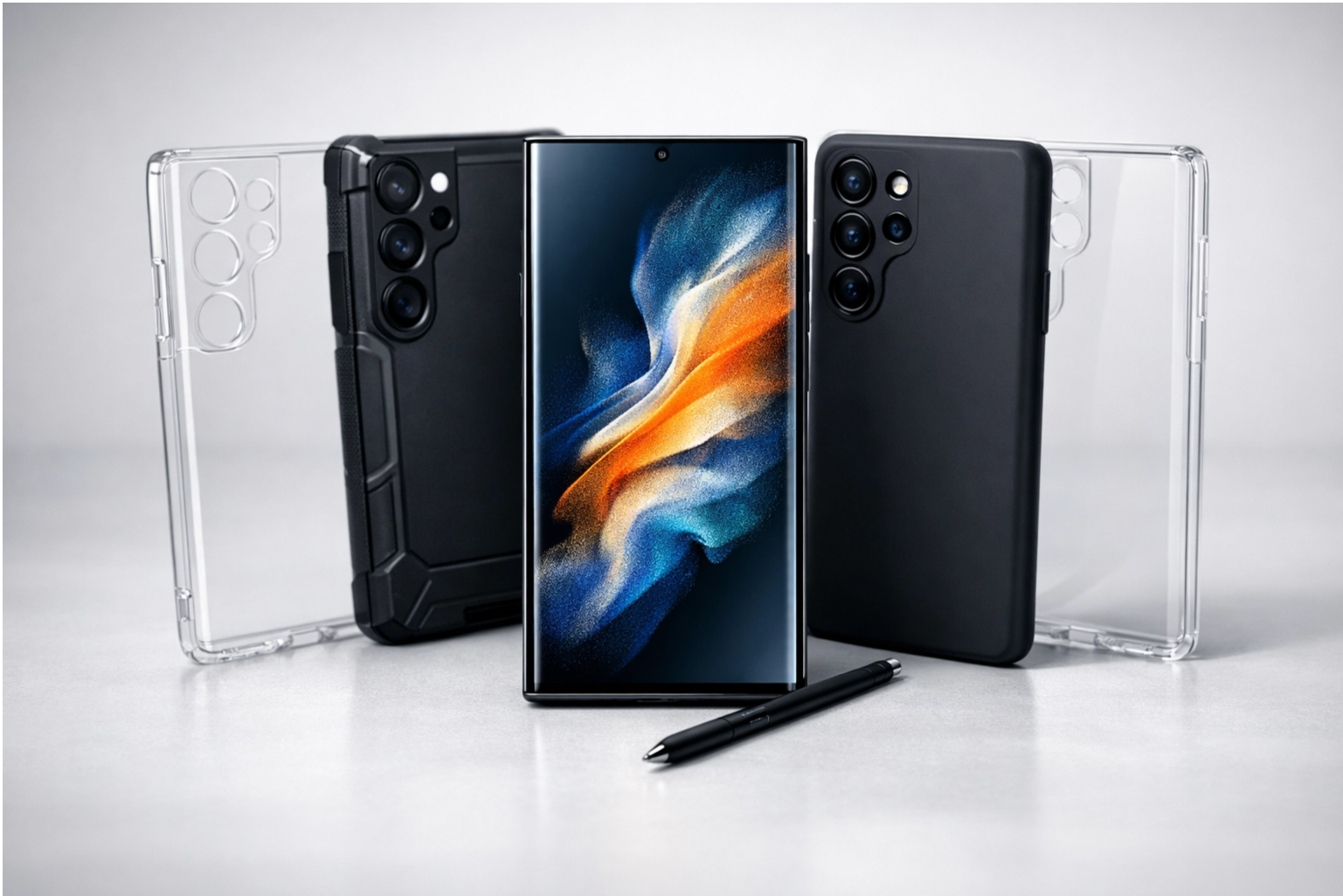 Samsung Galaxy S25 Ultra avec coques de protection (transparente, silicone, hybride) et S Pen