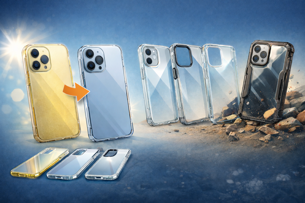 Comparatif matériaux de coques transparentes qui ne jaunissent pas - TPU anti-UV, polycarbonate et silicone - guide anti-jaunissement 2026